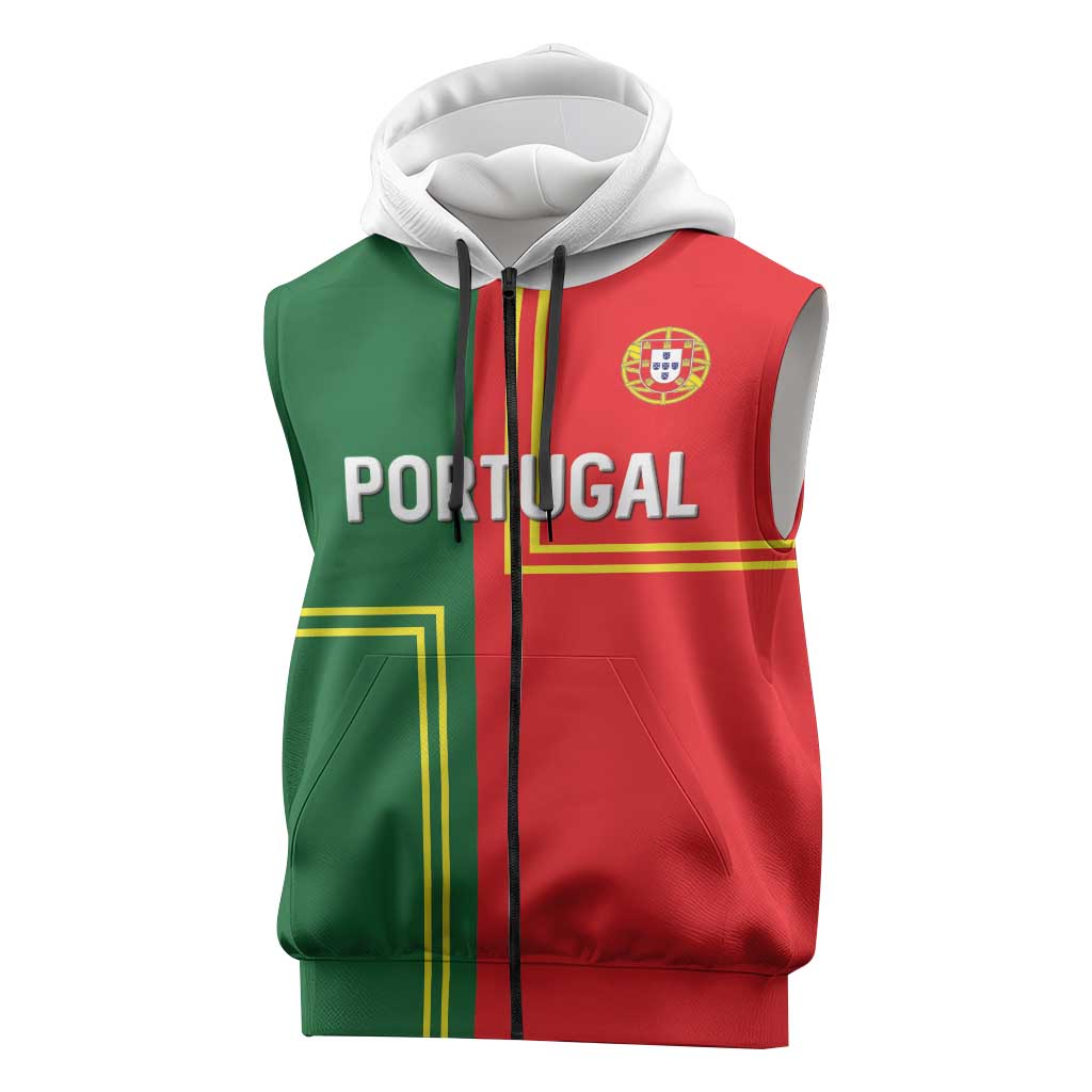 Custom Portugal Football Sleeveless Zip Hoodie Coat of Arms Line Art Style - Wonder Print Shop