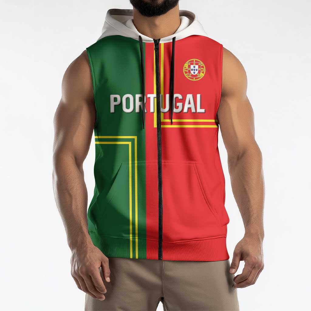 Custom Portugal Football Sleeveless Zip Hoodie Coat of Arms Line Art Style - Wonder Print Shop