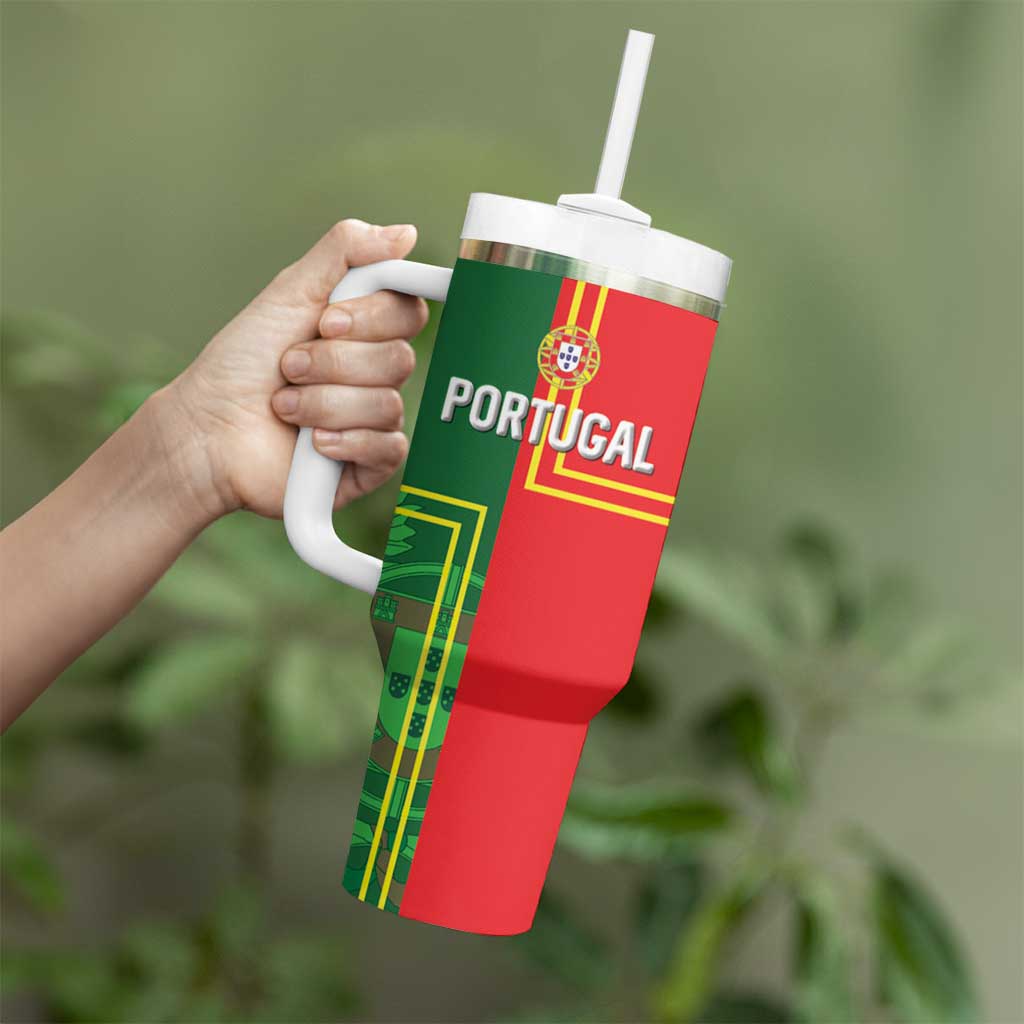 Custom Portugal Football Tumbler With Handle Coat of Arms Line Art Style - Wonder Print Shop