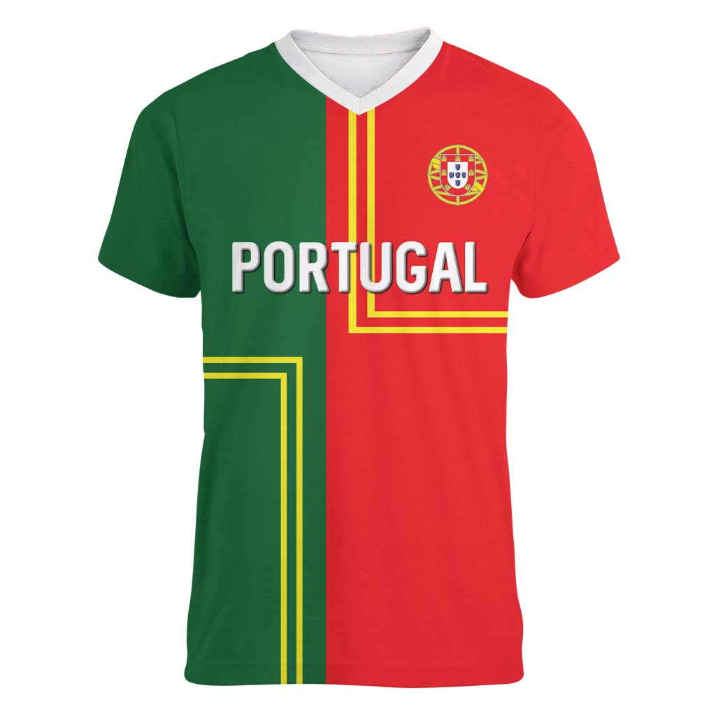 Custom Portugal Football Women V-Neck T-Shirt Coat of Arms Line Art Style - Wonder Print Shop