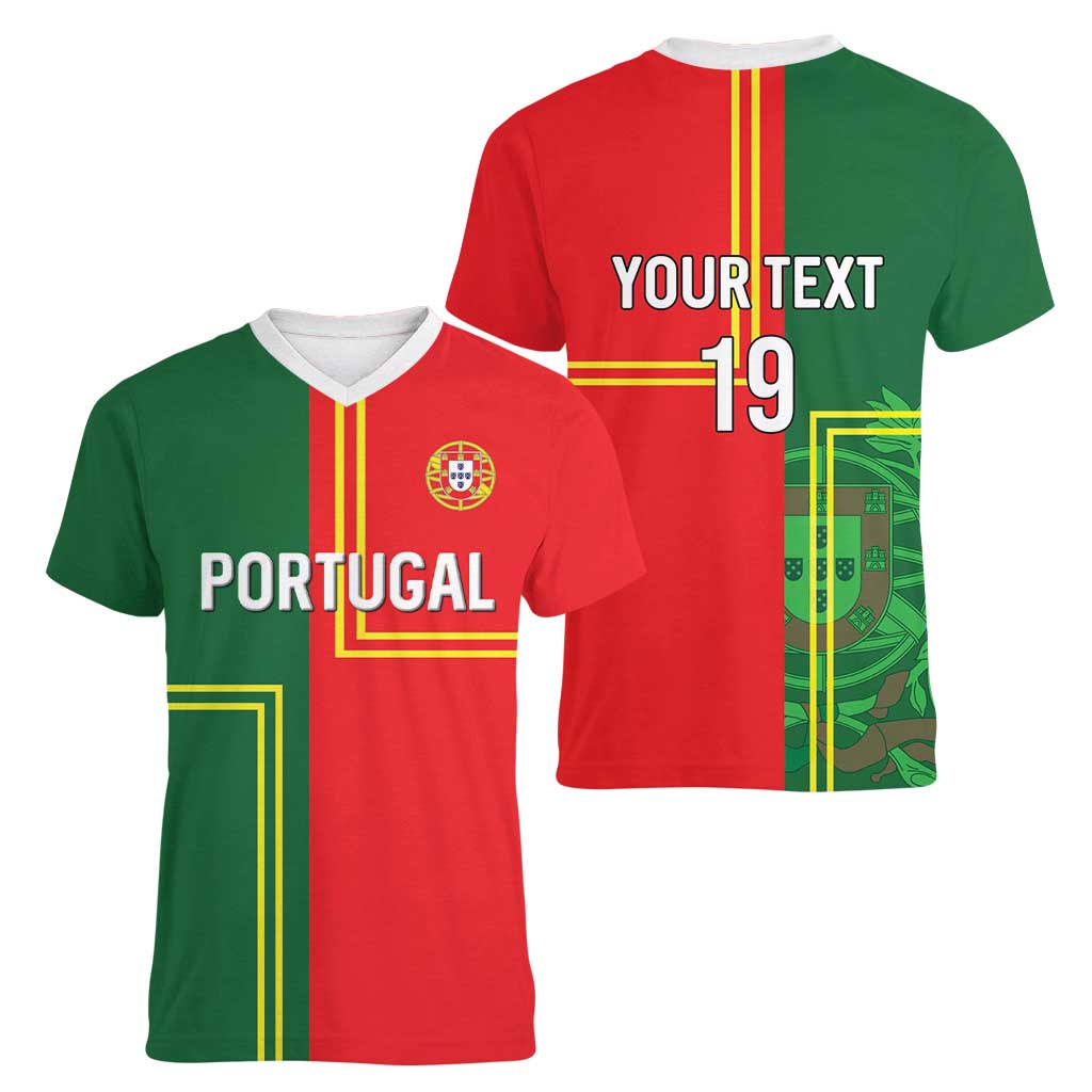 Custom Portugal Football Women V-Neck T-Shirt Coat of Arms Line Art Style - Wonder Print Shop