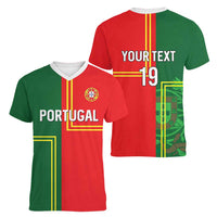 Custom Portugal Football Women V-Neck T-Shirt Coat of Arms Line Art Style - Wonder Print Shop