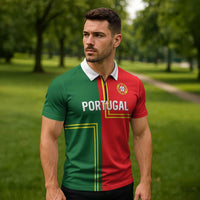 Custom Portugal Football Zipper Polo Shirt Coat of Arms Line Art Style - Wonder Print Shop
