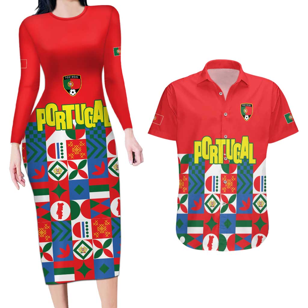 Portugal Football Couples Matching Long Sleeve Bodycon Dress and Hawaiian Shirt Patchwork National Flag Design - Wonder Print Shop