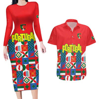 Portugal Football Couples Matching Long Sleeve Bodycon Dress and Hawaiian Shirt Patchwork National Flag Design - Wonder Print Shop