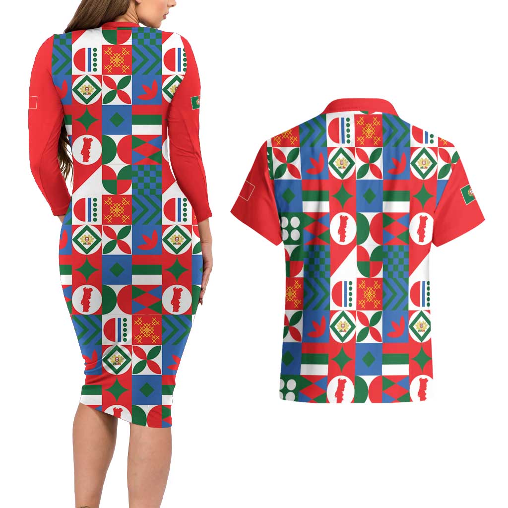 Portugal Football Couples Matching Long Sleeve Bodycon Dress and Hawaiian Shirt Patchwork National Flag Design - Wonder Print Shop