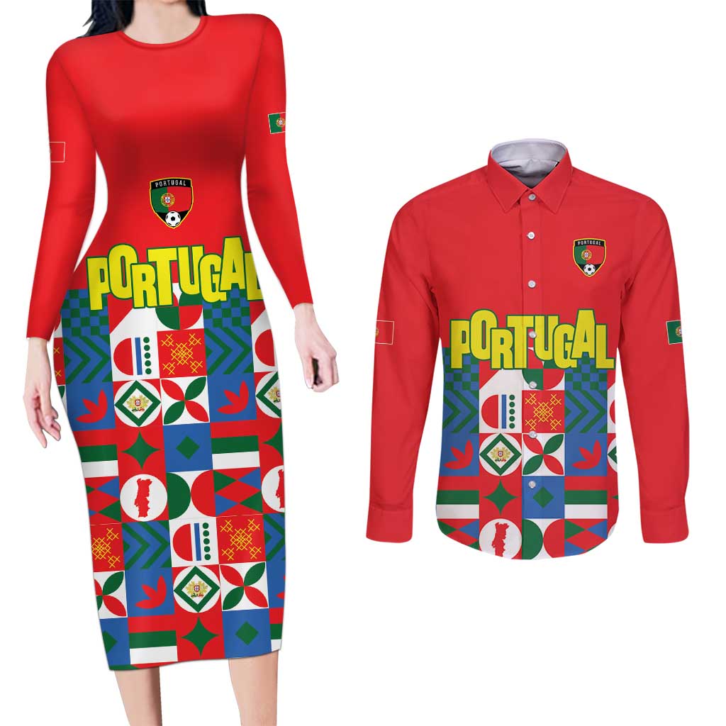 Portugal Football Couples Matching Long Sleeve Bodycon Dress and Long Sleeve Button Shirt Patchwork National Flag Design - Wonder Print Shop
