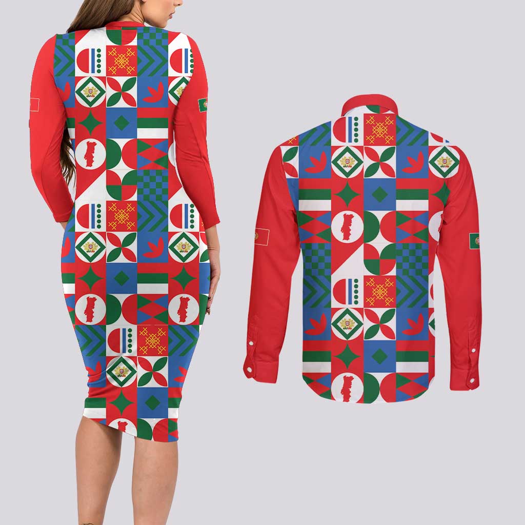 Portugal Football Couples Matching Long Sleeve Bodycon Dress and Long Sleeve Button Shirt Patchwork National Flag Design - Wonder Print Shop