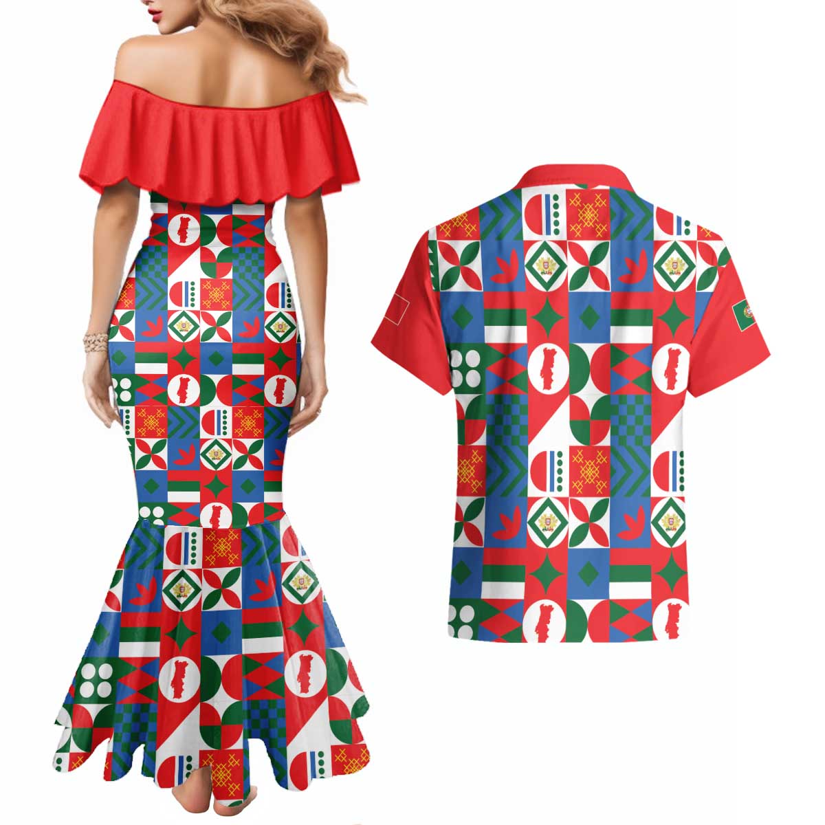 Portugal Football Couples Matching Mermaid Dress and Hawaiian Shirt Patchwork National Flag Design - Wonder Print Shop