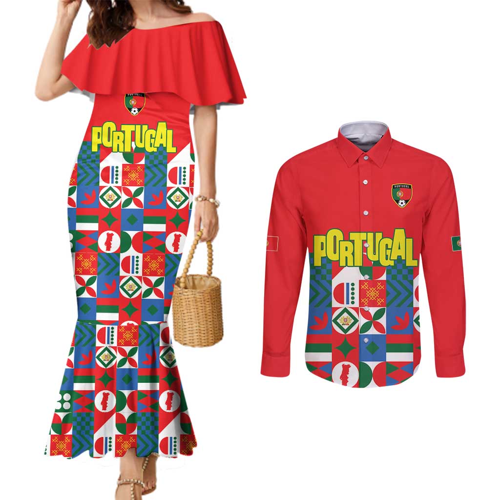 Portugal Football Couples Matching Mermaid Dress and Long Sleeve Button Shirt Patchwork National Flag Design - Wonder Print Shop