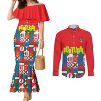 Portugal Football Couples Matching Mermaid Dress and Long Sleeve Button Shirt Patchwork National Flag Design - Wonder Print Shop