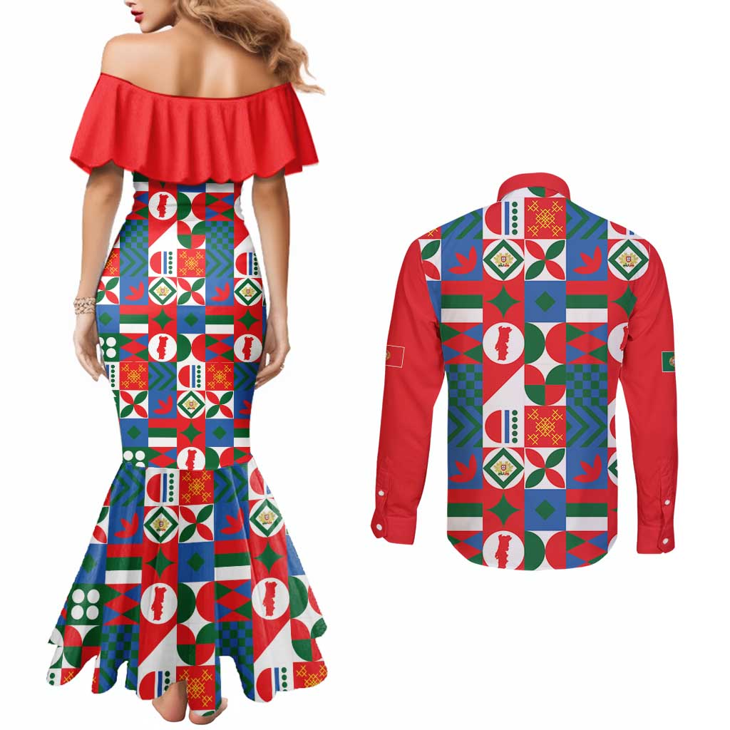 Portugal Football Couples Matching Mermaid Dress and Long Sleeve Button Shirt Patchwork National Flag Design - Wonder Print Shop