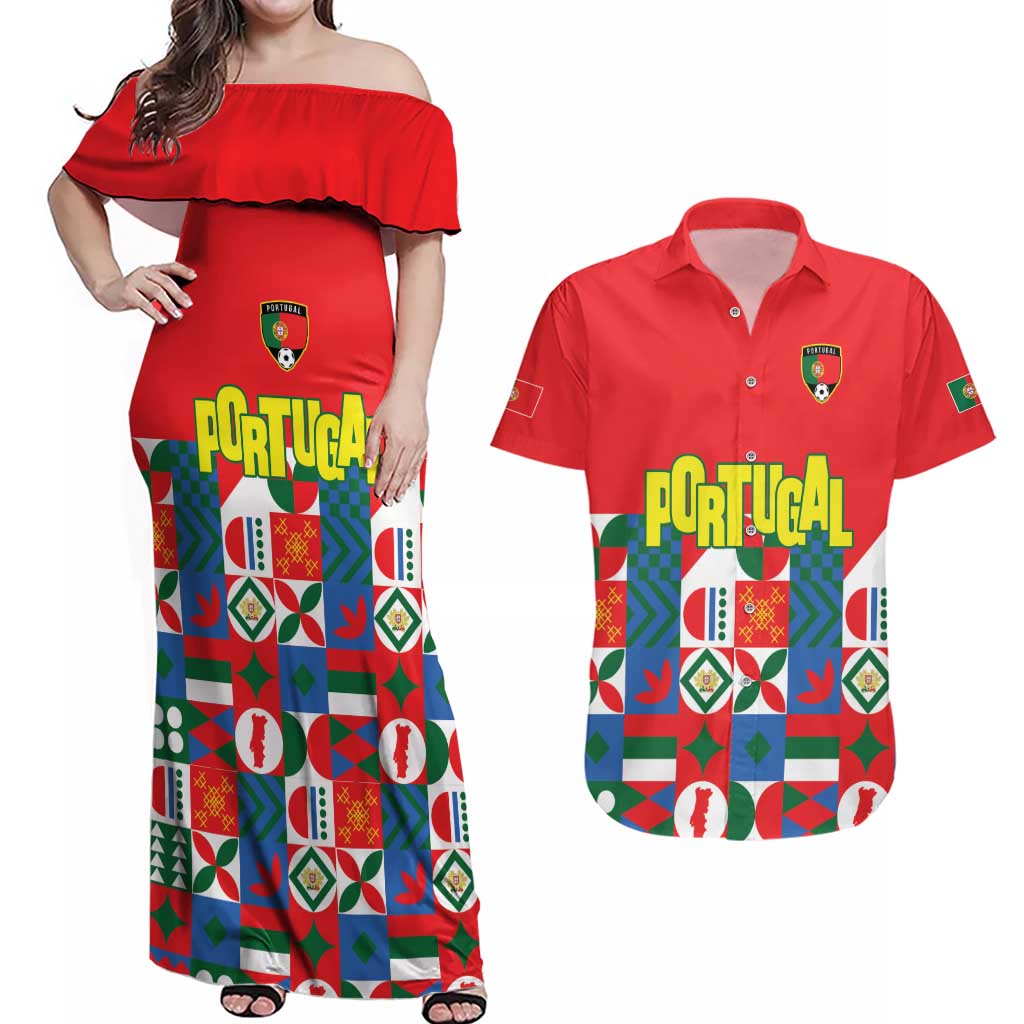 Portugal Football Couples Matching Off Shoulder Maxi Dress and Hawaiian Shirt Patchwork National Flag Design - Wonder Print Shop