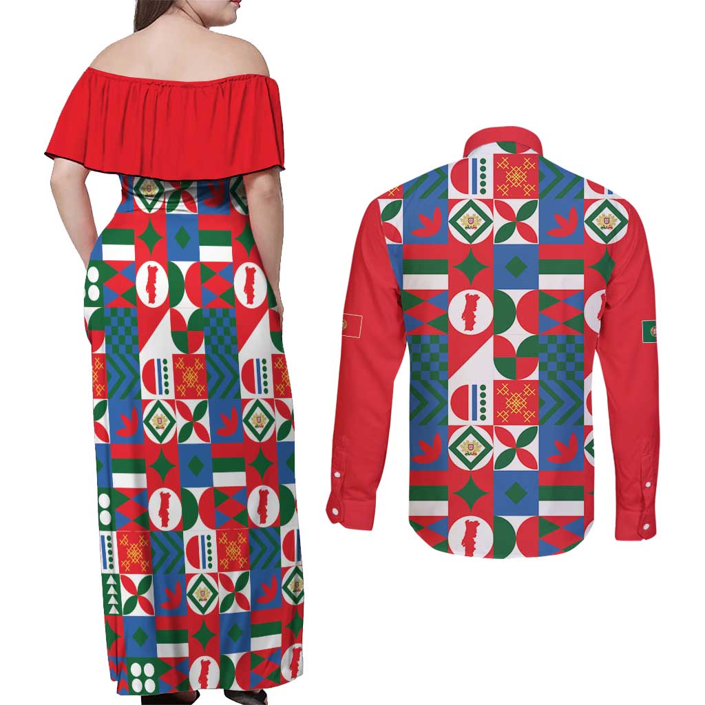 Portugal Football Couples Matching Off Shoulder Maxi Dress and Long Sleeve Button Shirt Patchwork National Flag Design - Wonder Print Shop