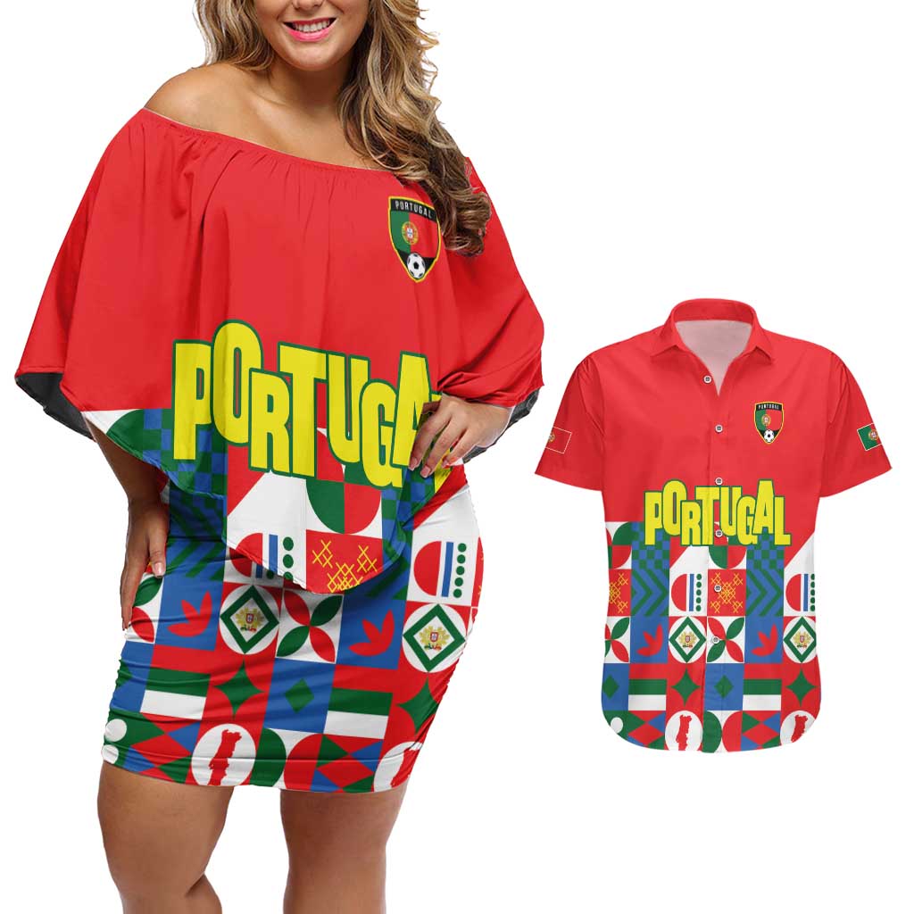 Portugal Football Couples Matching Off Shoulder Short Dress and Hawaiian Shirt Patchwork National Flag Design - Wonder Print Shop