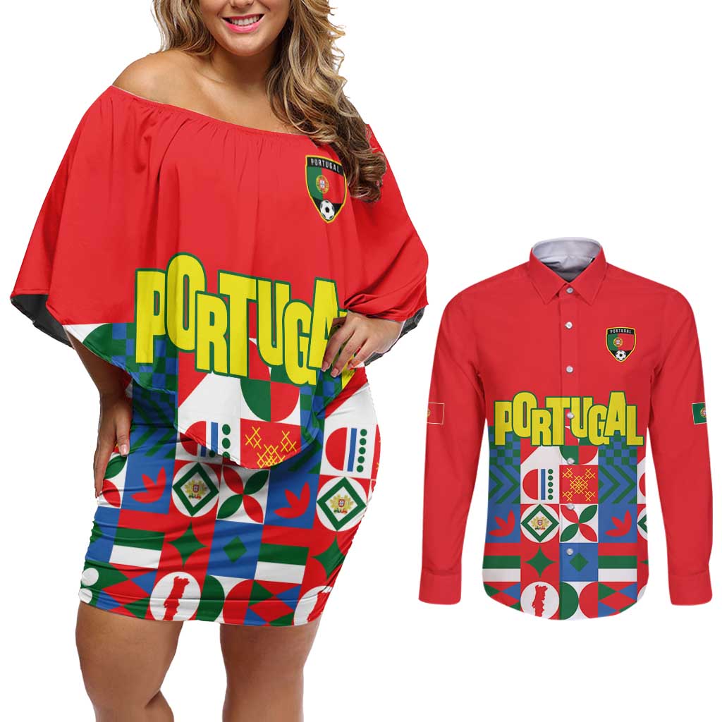 Portugal Football Couples Matching Off Shoulder Short Dress and Long Sleeve Button Shirt Patchwork National Flag Design - Wonder Print Shop