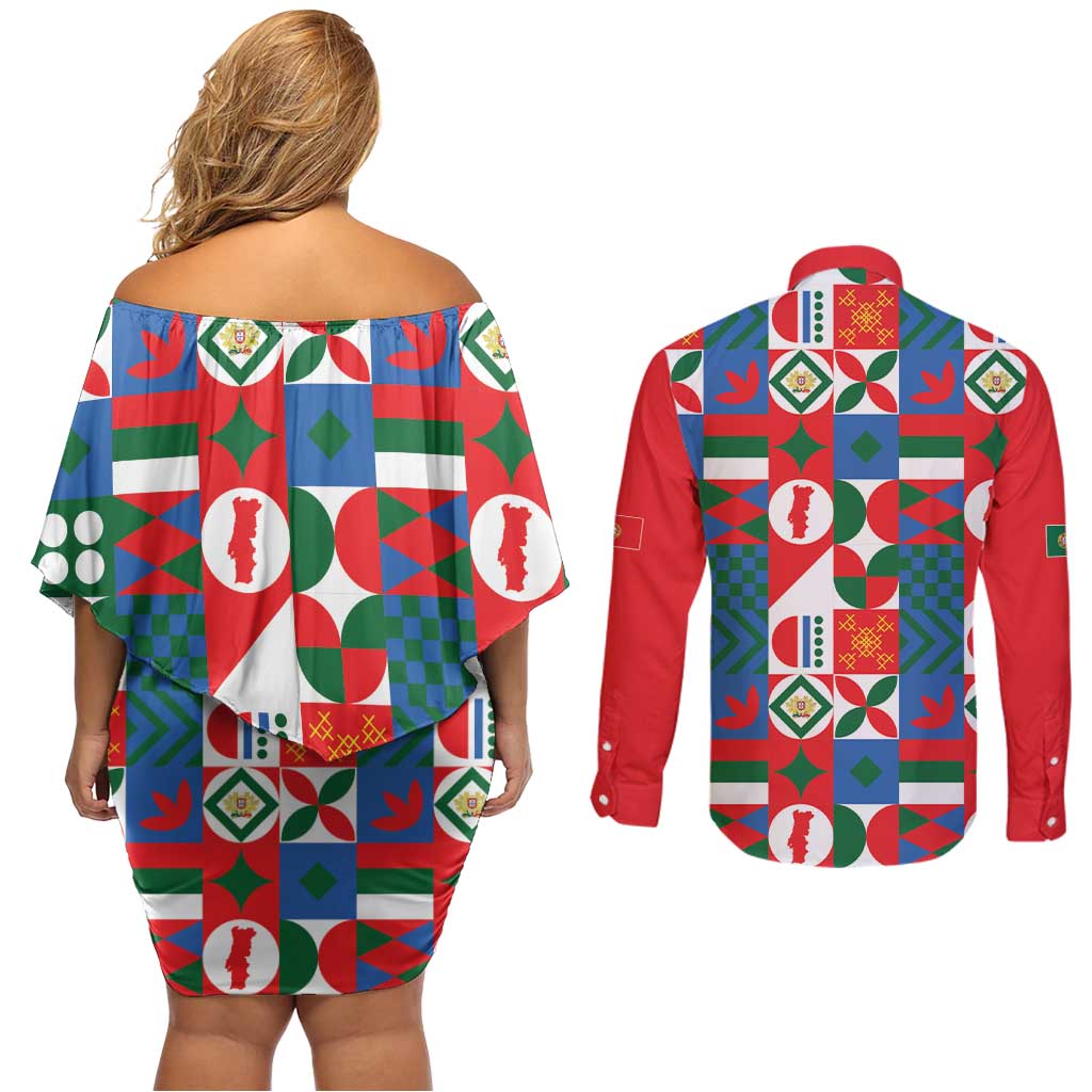 Portugal Football Couples Matching Off Shoulder Short Dress and Long Sleeve Button Shirt Patchwork National Flag Design - Wonder Print Shop