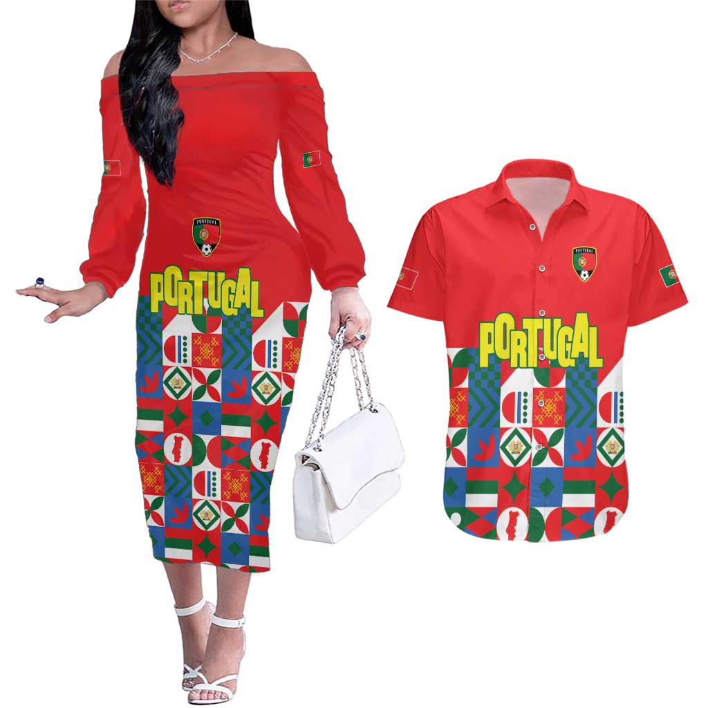 Portugal Football Couples Matching Off The Shoulder Long Sleeve Dress and Hawaiian Shirt Patchwork National Flag Design - Wonder Print Shop