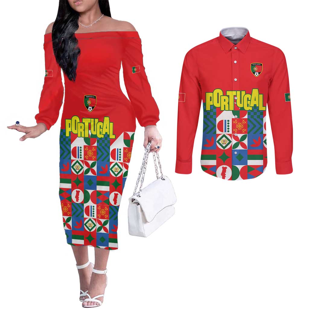 Portugal Football Couples Matching Off The Shoulder Long Sleeve Dress and Long Sleeve Button Shirt Patchwork National Flag Design - Wonder Print Shop