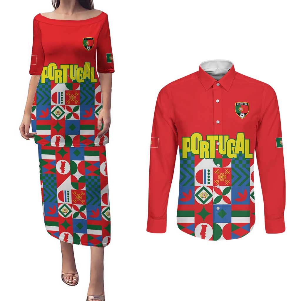Portugal Football Couples Matching Puletasi and Long Sleeve Button Shirt Patchwork National Flag Design - Wonder Print Shop