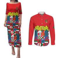 Portugal Football Couples Matching Puletasi and Long Sleeve Button Shirt Patchwork National Flag Design - Wonder Print Shop