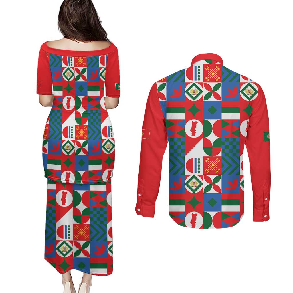 Portugal Football Couples Matching Puletasi and Long Sleeve Button Shirt Patchwork National Flag Design - Wonder Print Shop