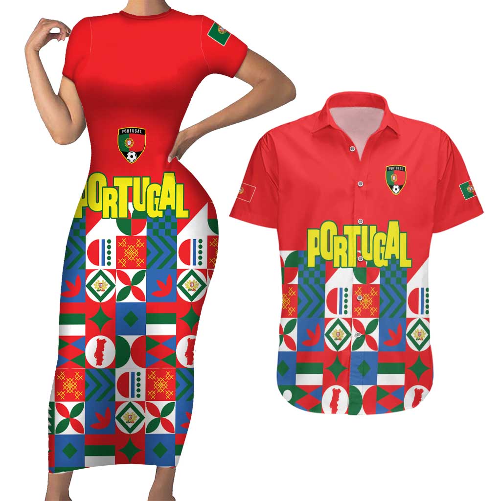Portugal Football Couples Matching Short Sleeve Bodycon Dress and Hawaiian Shirt Patchwork National Flag Design - Wonder Print Shop