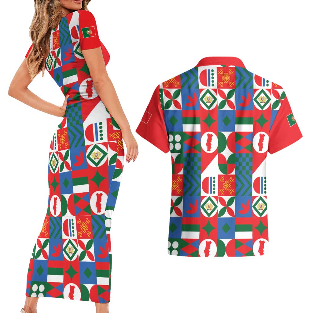 Portugal Football Couples Matching Short Sleeve Bodycon Dress and Hawaiian Shirt Patchwork National Flag Design - Wonder Print Shop