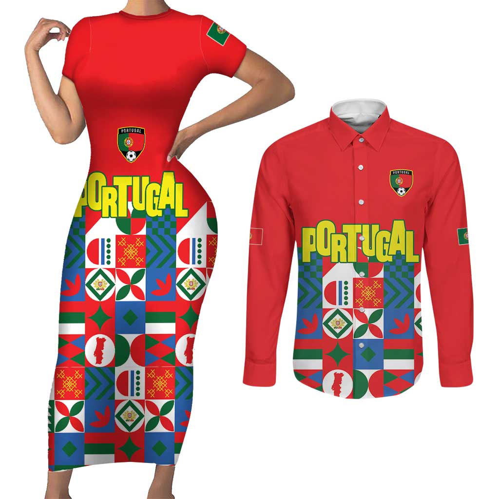 Portugal Football Couples Matching Short Sleeve Bodycon Dress and Long Sleeve Button Shirt Patchwork National Flag Design - Wonder Print Shop