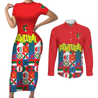 Portugal Football Couples Matching Short Sleeve Bodycon Dress and Long Sleeve Button Shirt Patchwork National Flag Design - Wonder Print Shop