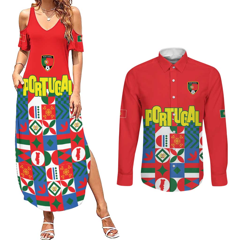 Portugal Football Couples Matching Summer Maxi Dress and Long Sleeve Button Shirt Patchwork National Flag Design - Wonder Print Shop