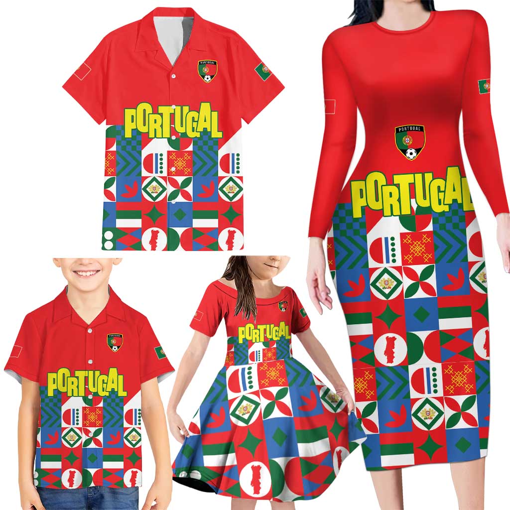 Portugal Football Family Matching Long Sleeve Bodycon Dress and Hawaiian Shirt Patchwork National Flag Design - Wonder Print Shop