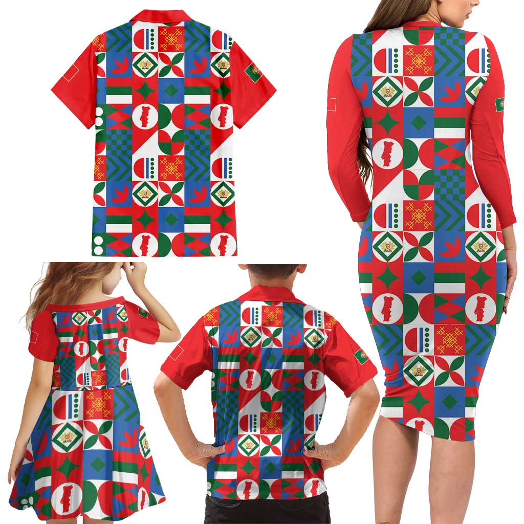 Portugal Football Family Matching Long Sleeve Bodycon Dress and Hawaiian Shirt Patchwork National Flag Design - Wonder Print Shop