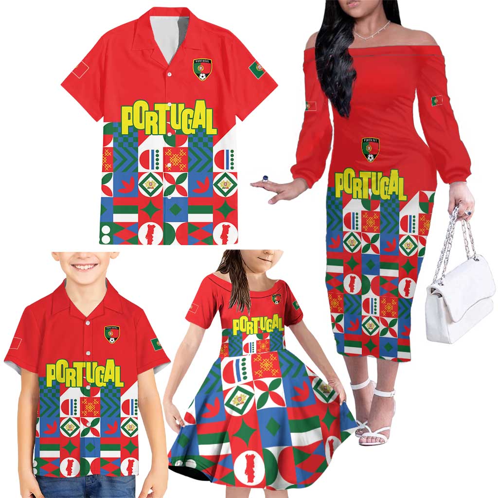 Portugal Football Family Matching Off The Shoulder Long Sleeve Dress and Hawaiian Shirt Patchwork National Flag Design - Wonder Print Shop