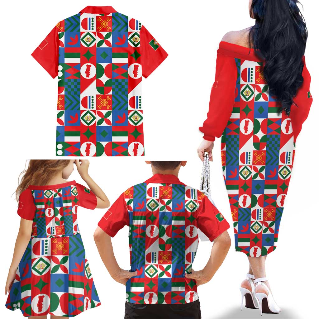 Portugal Football Family Matching Off The Shoulder Long Sleeve Dress and Hawaiian Shirt Patchwork National Flag Design - Wonder Print Shop