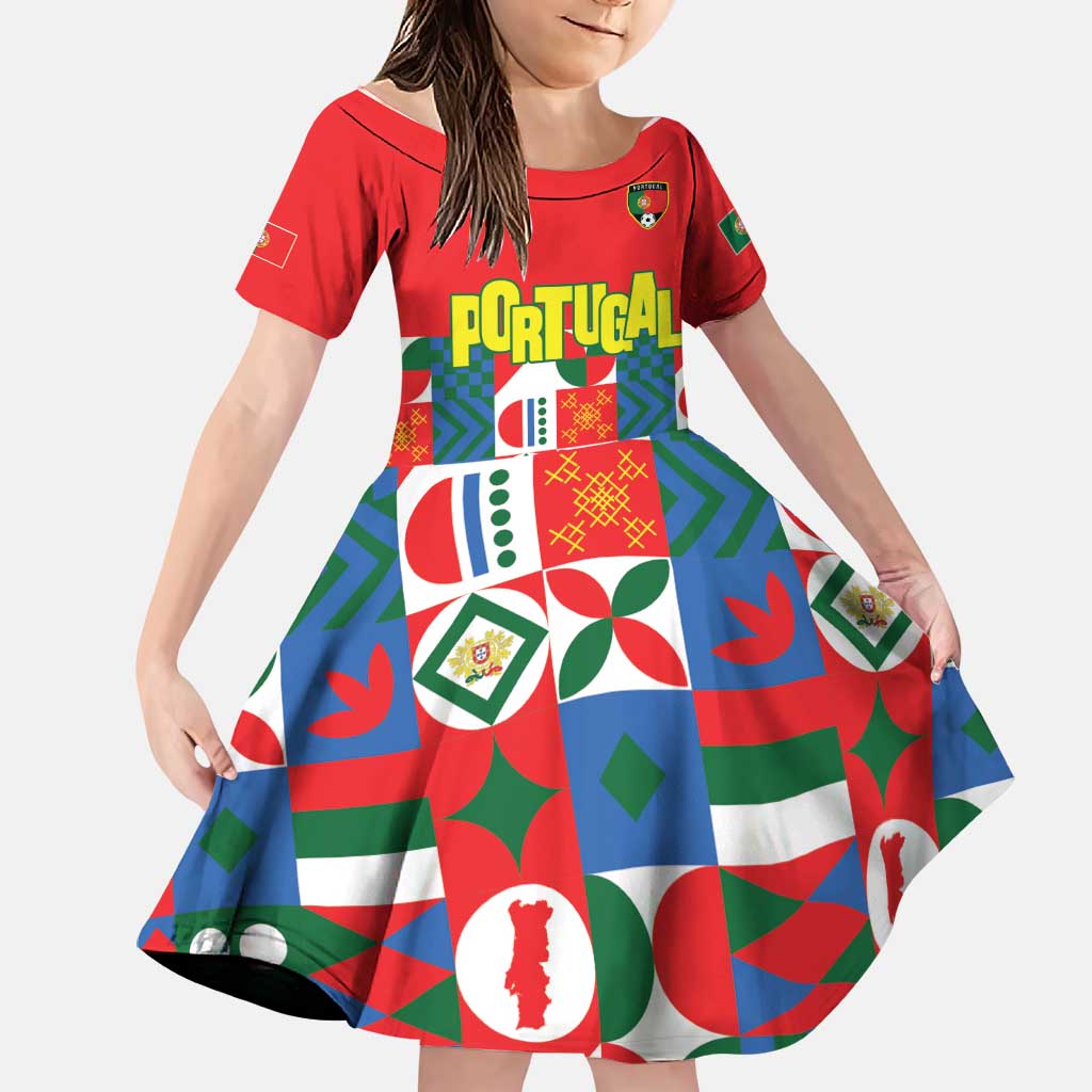 Portugal Football Family Matching Off Shoulder Short Dress and Hawaiian Shirt Patchwork National Flag Design - Wonder Print Shop