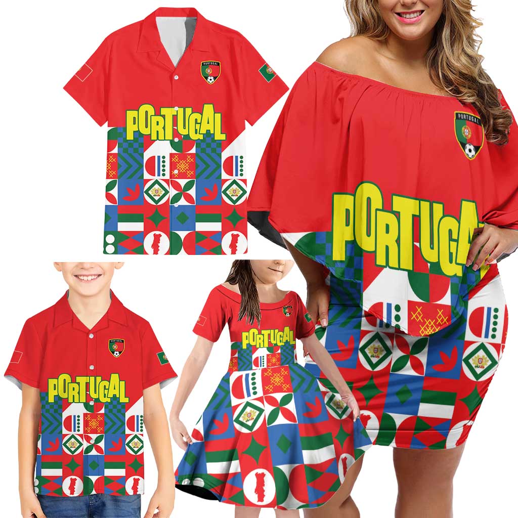 Portugal Football Family Matching Off Shoulder Short Dress and Hawaiian Shirt Patchwork National Flag Design - Wonder Print Shop