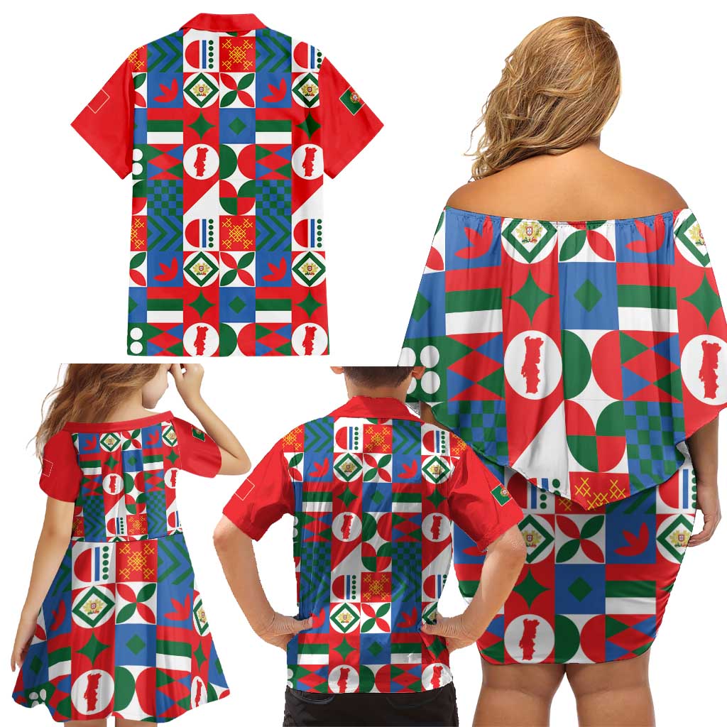 Portugal Football Family Matching Off Shoulder Short Dress and Hawaiian Shirt Patchwork National Flag Design - Wonder Print Shop