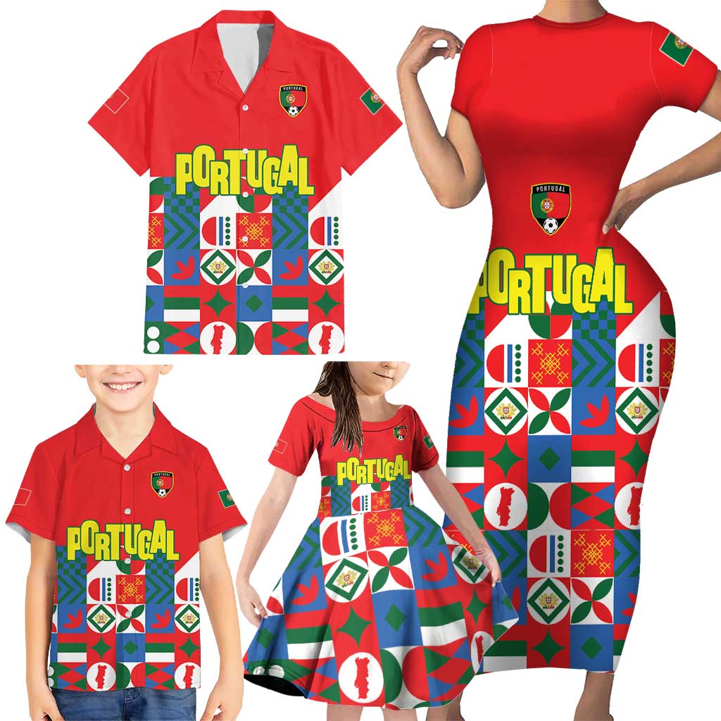 Portugal Football Family Matching Short Sleeve Bodycon Dress and Hawaiian Shirt Patchwork National Flag Design - Wonder Print Shop