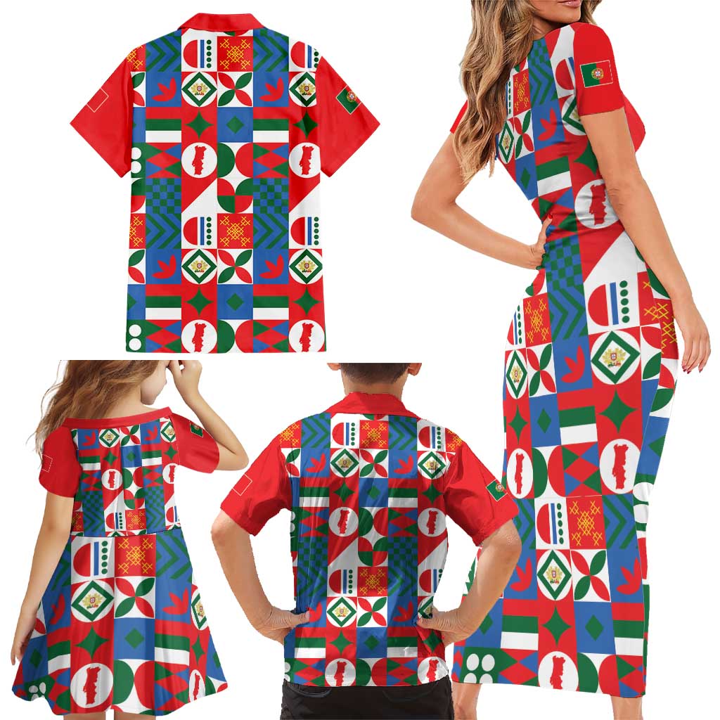 Portugal Football Family Matching Short Sleeve Bodycon Dress and Hawaiian Shirt Patchwork National Flag Design - Wonder Print Shop