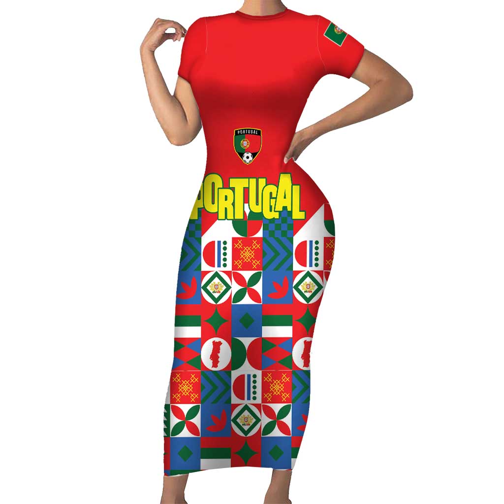 Portugal Football Family Matching Short Sleeve Bodycon Dress and Hawaiian Shirt Patchwork National Flag Design - Wonder Print Shop