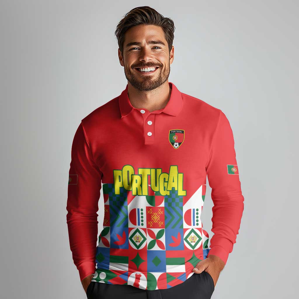 Portugal Football Long Sleeve Polo Shirt Patchwork National Flag Design - Wonder Print Shop