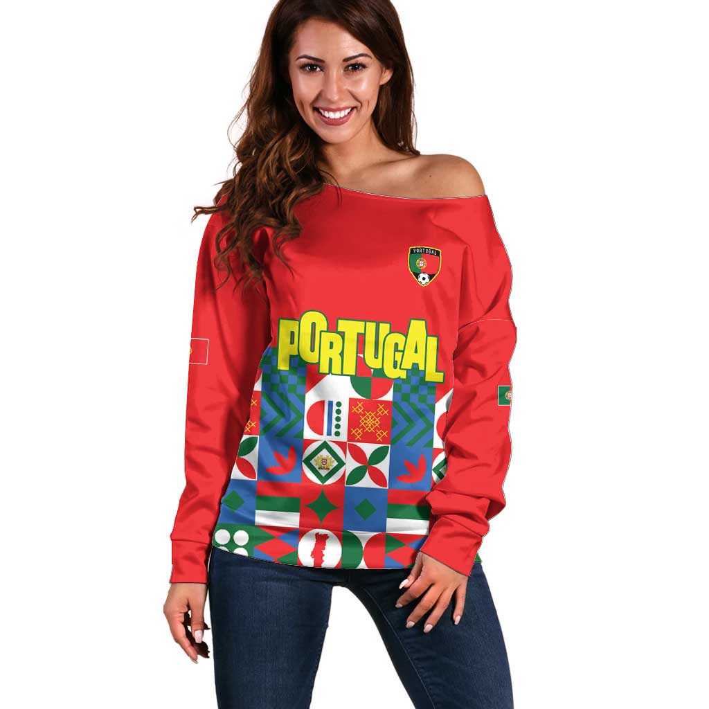 Portugal Football Off Shoulder Sweater Patchwork National Flag Design - Wonder Print Shop