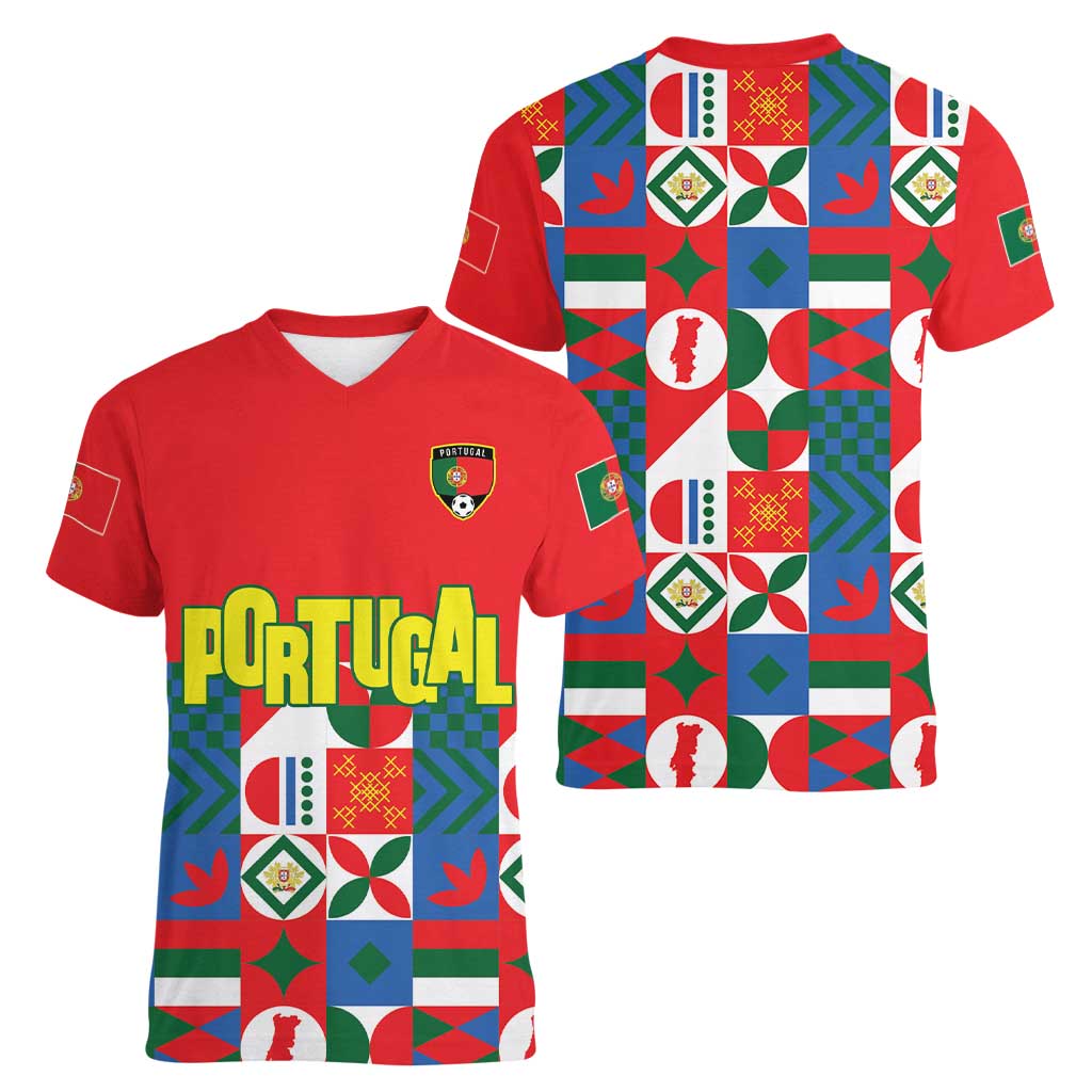 Portugal Football Women V-Neck T-Shirt Patchwork National Flag Design - Wonder Print Shop
