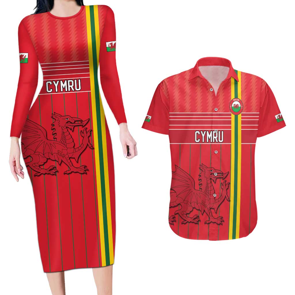 Custom World Football 2026 Wales Couples Matching Long Sleeve Bodycon Dress and Hawaiian Shirt Cymru Together Stronger - Wonder Print Shop