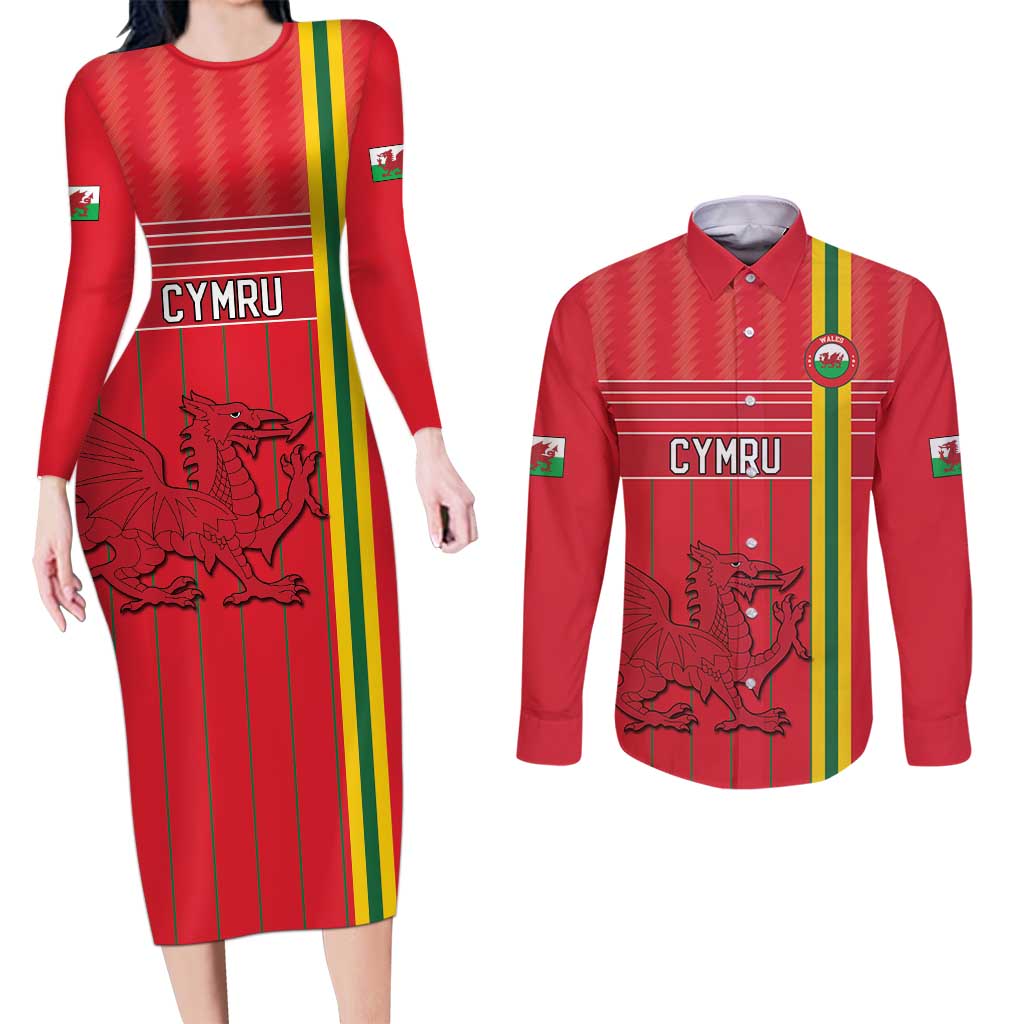Custom World Football 2026 Wales Couples Matching Long Sleeve Bodycon Dress and Long Sleeve Button Shirt Cymru Together Stronger - Wonder Print Shop