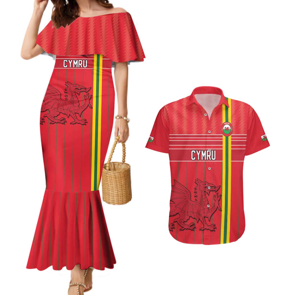 Custom World Football 2026 Wales Couples Matching Mermaid Dress and Hawaiian Shirt Cymru Together Stronger - Wonder Print Shop