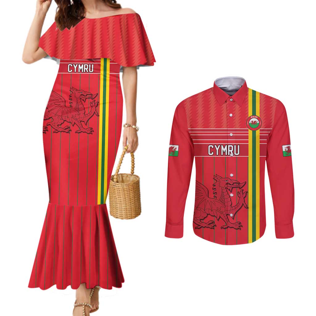 Custom World Football 2026 Wales Couples Matching Mermaid Dress and Long Sleeve Button Shirt Cymru Together Stronger - Wonder Print Shop