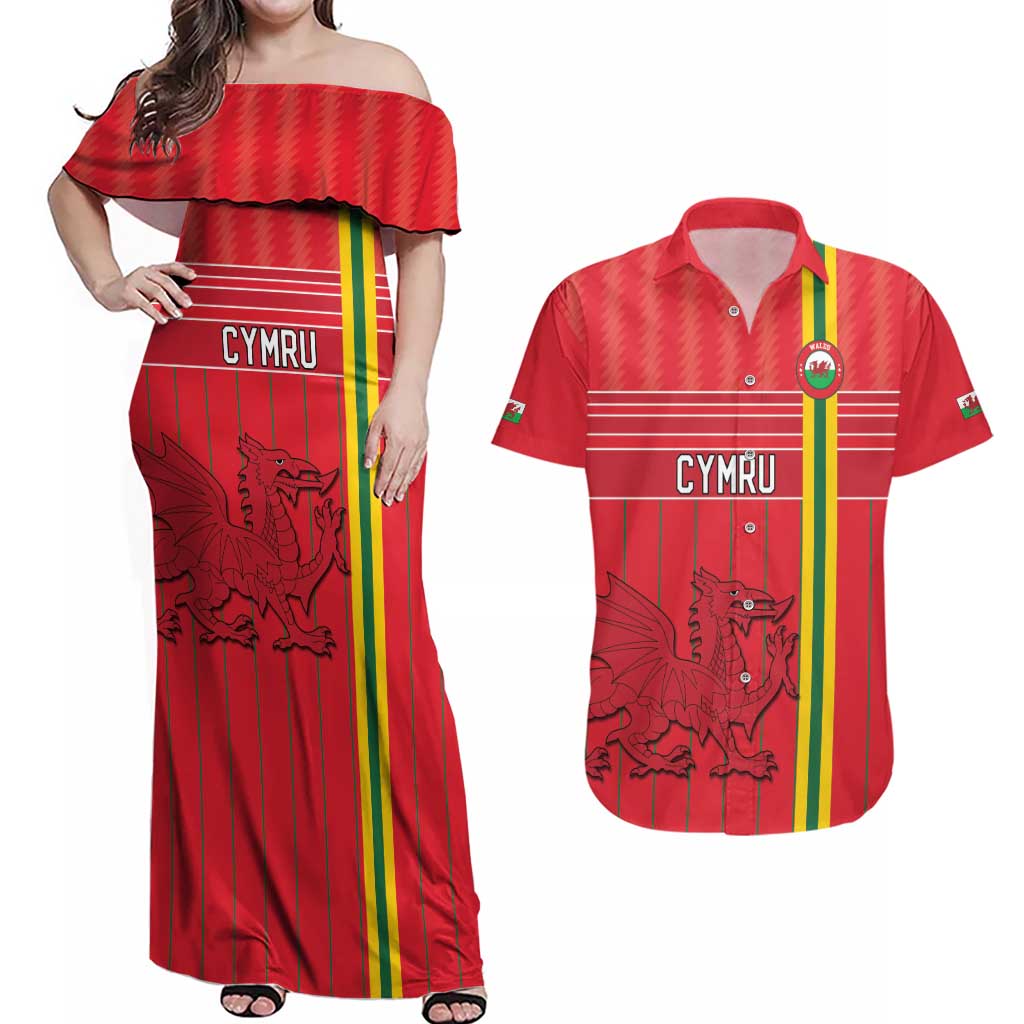 Custom World Football 2026 Wales Couples Matching Off Shoulder Maxi Dress and Hawaiian Shirt Cymru Together Stronger - Wonder Print Shop