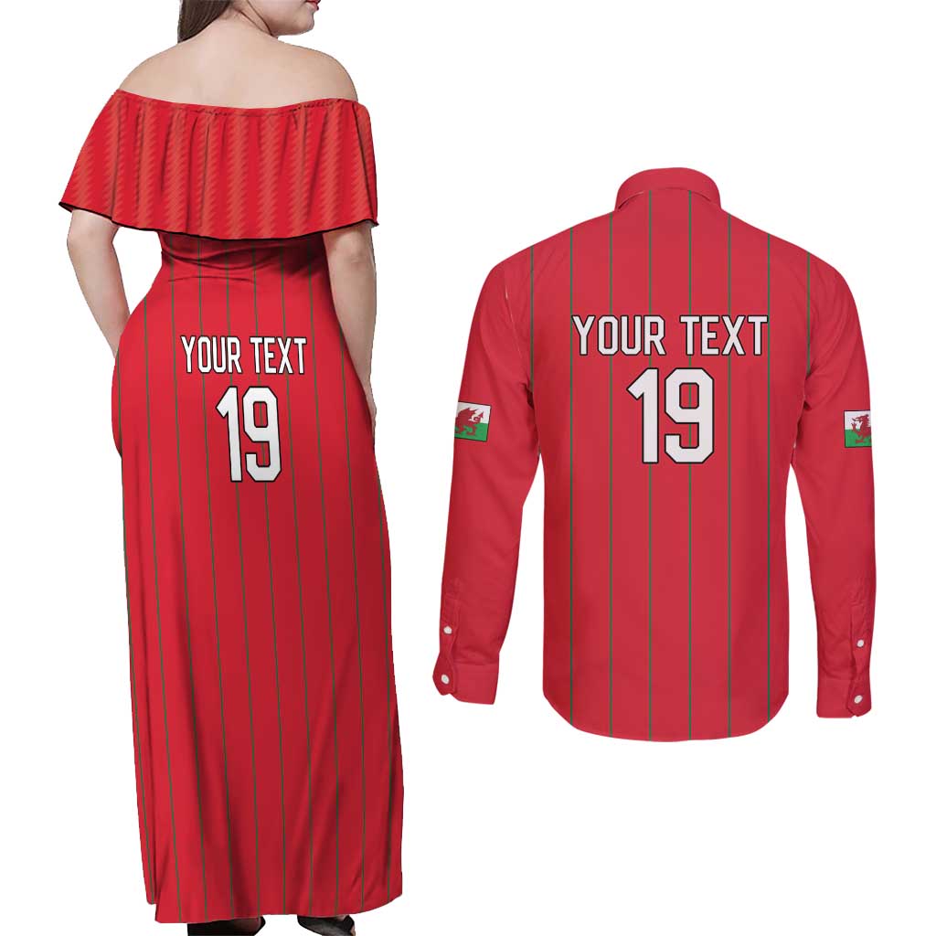 Custom World Football 2026 Wales Couples Matching Off Shoulder Maxi Dress and Long Sleeve Button Shirt Cymru Together Stronger - Wonder Print Shop